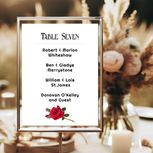 Red Rose Wedding Table Number Name List Card