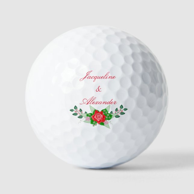 Red Rose Wedding Theme Party Favour Golf Balls (Front)