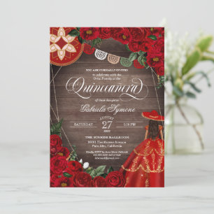 Red Rose Western Charra Mariachi Quinceañera Dress Invitation