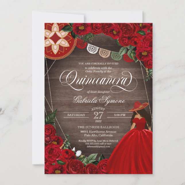 Red Rose Western Charra Mariachi Quinceañera Invitation (Front)