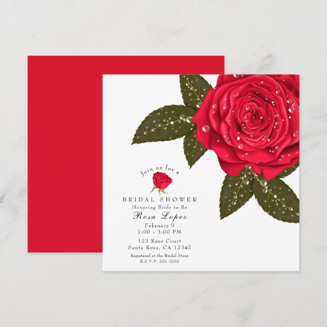 Red Rose Wet Water Dewdrops Bridal Shower Invitation (Front/Back)