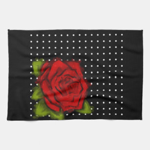 Red rose, White dots Tea Towel