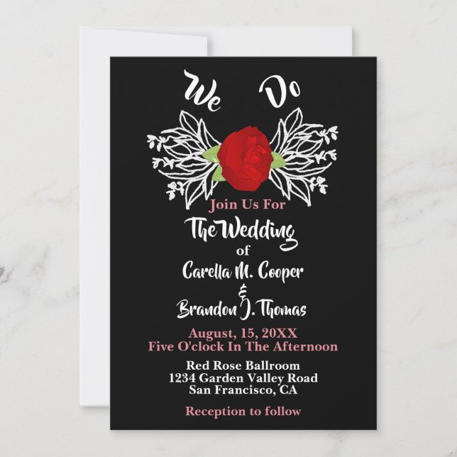 Red Rose White Floral Romantic Boho Black Wedding Invitation (Front)
