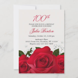 Red rose, white flowers 100th Birthday Invitation