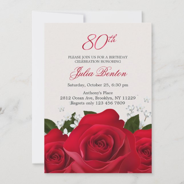 Red rose, white flowers 80th Birthday Invitation (Front)