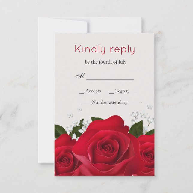 Red rose, white flowers Wedding RSVP Card (Front)