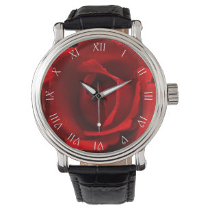 Red Rose White Script Roman Numbers Mens arc Watch