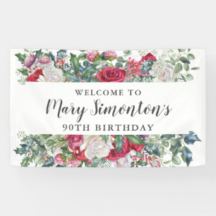 Red Rose Winter Botanical 90th Birthday Banner