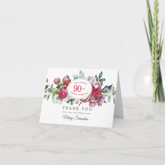 Red Rose Winter Botanical 90th Birthday Thank You Card (Front)