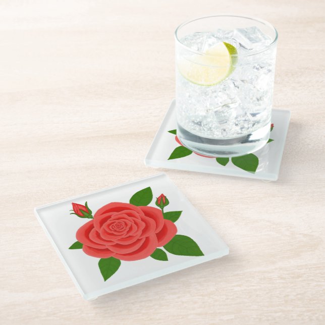 Red Rose With Buds Beverage Glass Coaster (Angled)