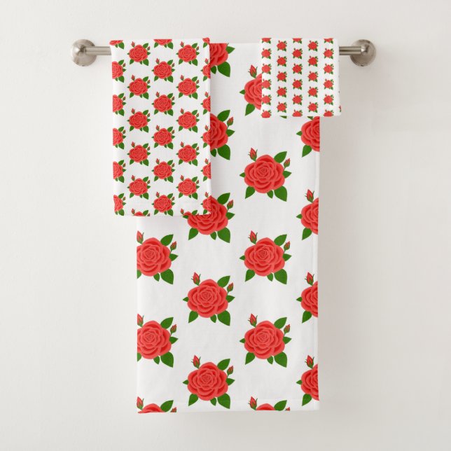 Red Rose with Buds White Bath Towel Set (Insitu)