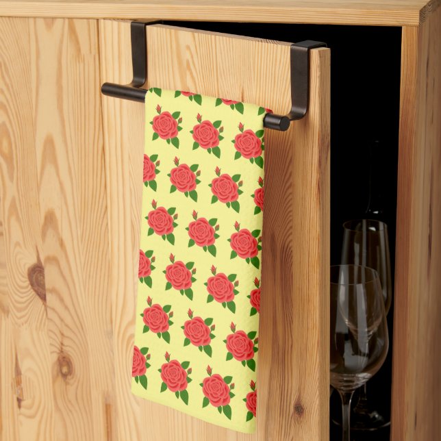 Red Rose with Buds Yellow Kitchen Towel (Thirds Fold)