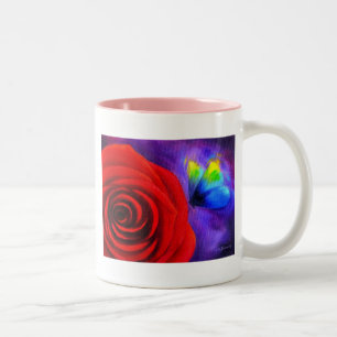 Red Rose With Butterfly Painting Art - Multi Two-Tone Coffee Mug