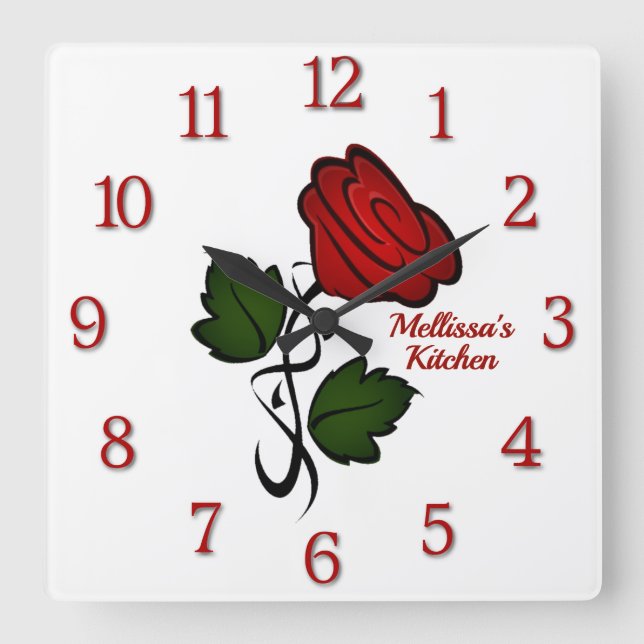 Red Rose with Name Red Numbers Square Wall Clock (Front)