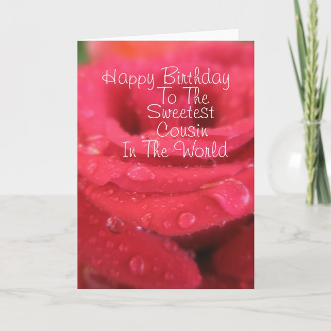Red Rose with Raindrops Cousin Birthday Card (Front)