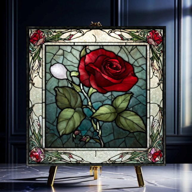 Red Rose with Vine Border 2 Stained-Glass Look Tile (Creator Uploaded)