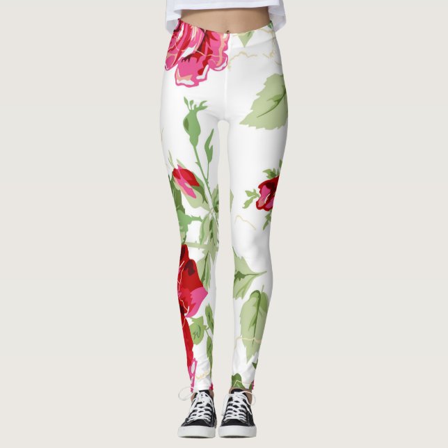 Red rose with white background print leggings (Front)