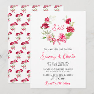 Red Rose Wreath Ribbon Wedding Invitation