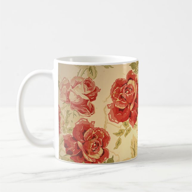 Red rose, yellow, antique floral print coffee mug (Left)