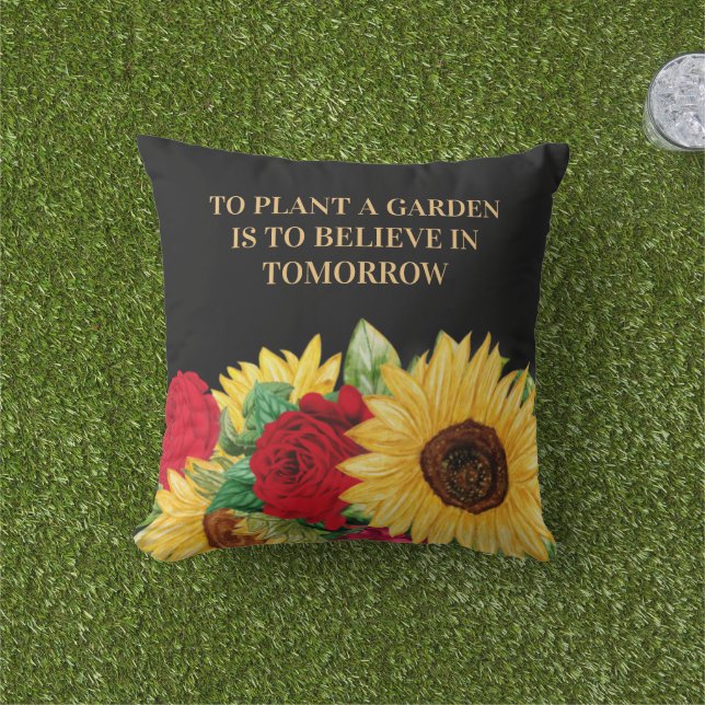 Red Rose Yellow Sunflower Black Garden Quote Outdo Cushion (Grass)