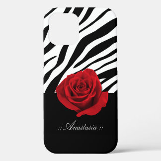Red Rose Zebra Print personalised iPhone 12 Case
