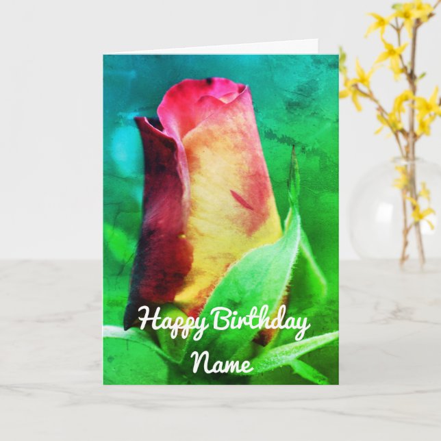 Red Rosebud Flower Art Personalised Birthday Card (Yellow Flower)