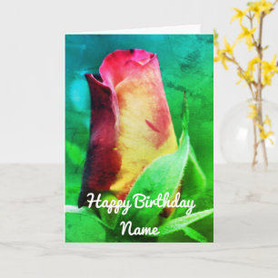 Red Rosebud Flower Art Personalised Birthday Card
