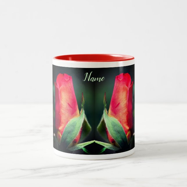Red Rosebud Flower Personalised Two-Tone Coffee Mug (Center)