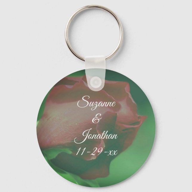 Red Rosebud Flower Personalised Wedding  Key Ring (Front)