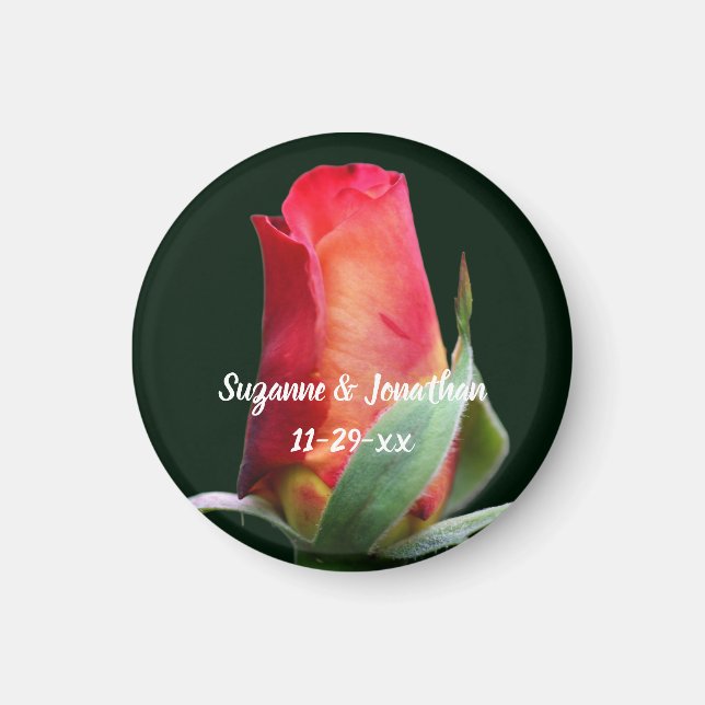 Red Rosebud Flower Personalised Wedding  Magnet (Front)