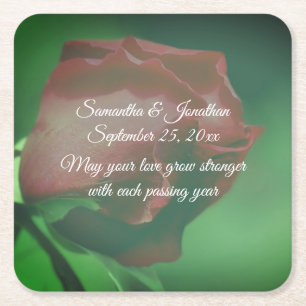 Red Rosebud Flower Personalised Wedding Square Paper Coaster