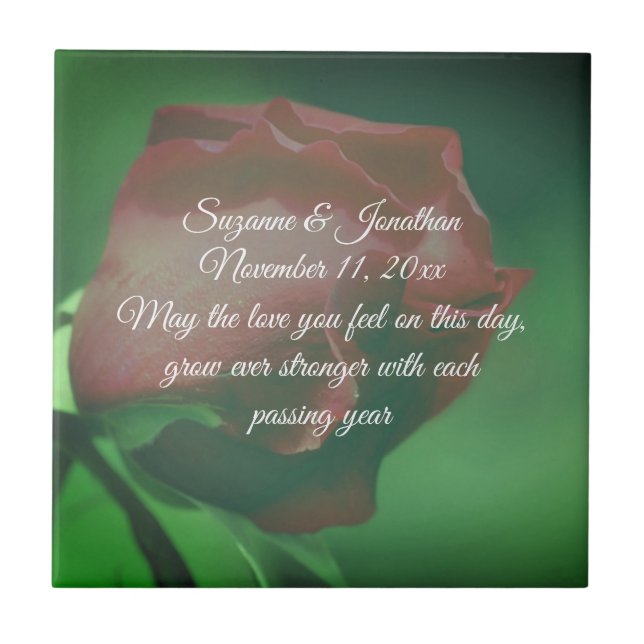 Red Rosebud Flower Personalised Wedding  Tile (Front)