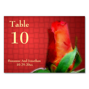 Red Rosebud Flower Personalized Wedding Table Number
