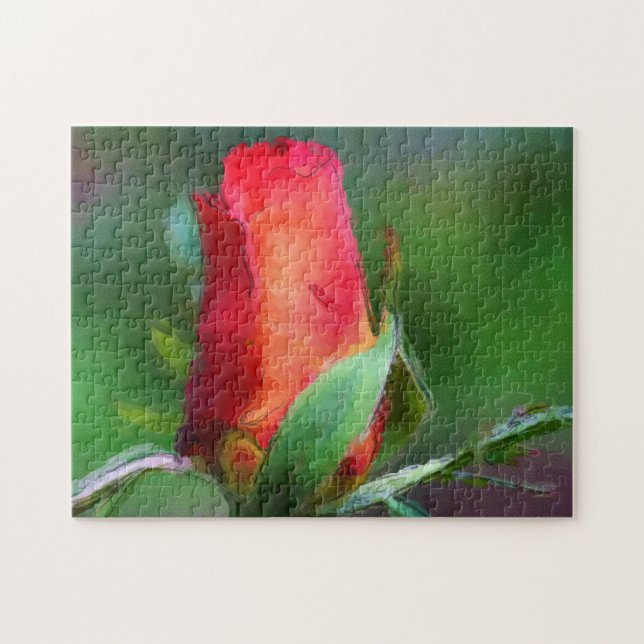 Red Rosebud Flower Watercolor Photo Painting  Jigsaw Puzzle (Horizontal)