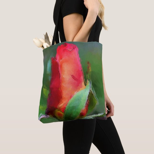 Red Rosebud Flower Watercolor Photo Painting  Tote Bag (Close Up)