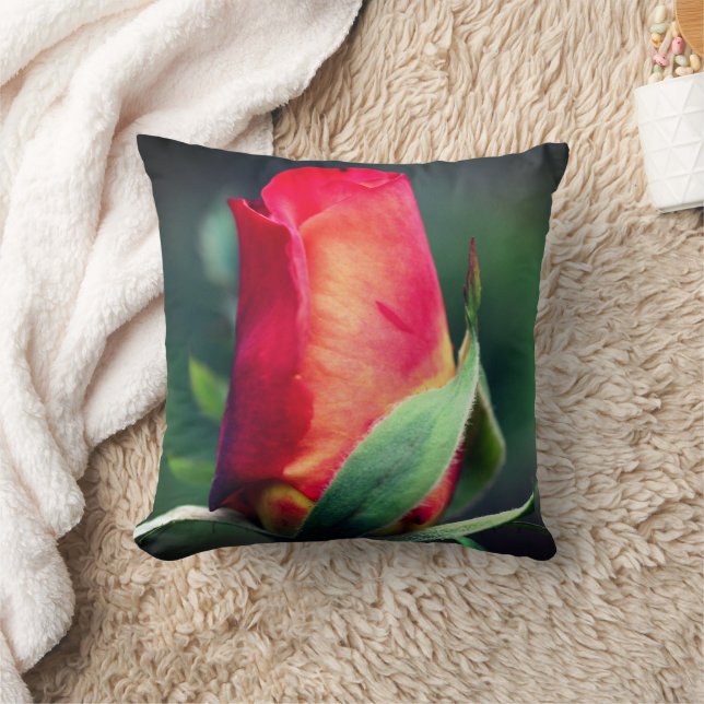 Red Rosebud Flower With Yellow Highlights Close Up Cushion (Blanket)