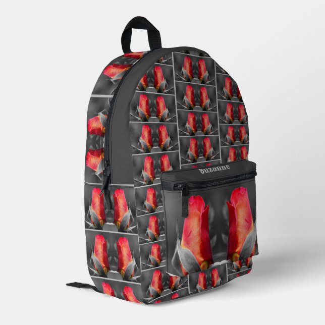 Red Rosebud Partial Colour Mirror Personalised Printed Backpack (Back Corner Left)