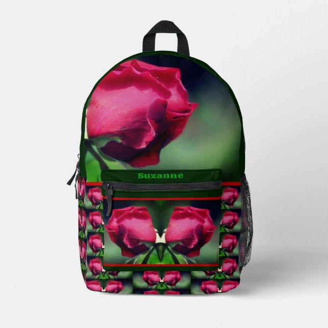 Red Rosebud Personalised Printed Backpack (Front)