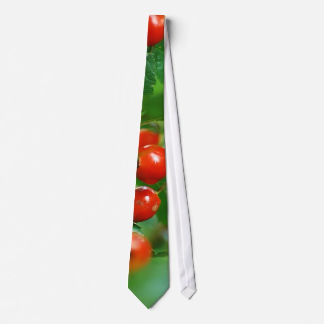 Red Rosehip on green background Tie (Front)