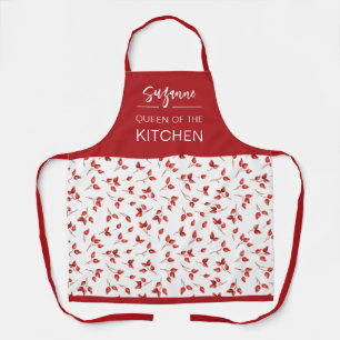 Red Rosehips Berries Pattern Modern Script Name. Apron