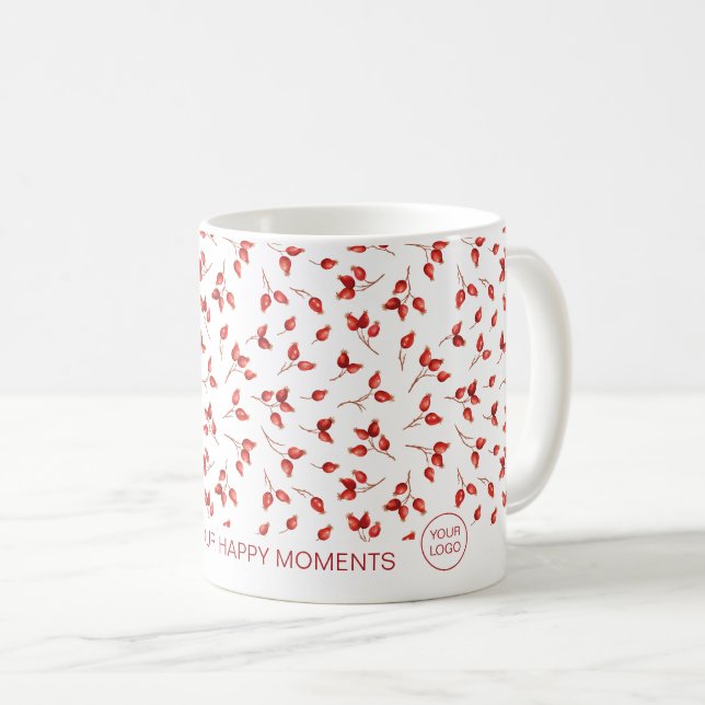 Red Rosehips Pattern. Corporate Christmas Tea Coffee Mug (Front Right)