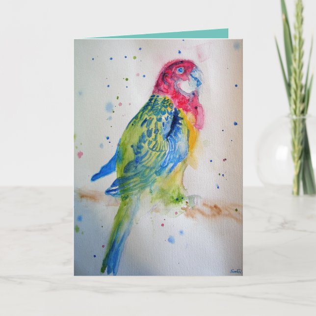 Red Rosella Parrot Bird Watercolor Birthday Card (Front)