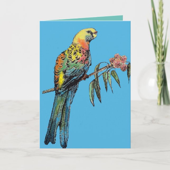 Red Rosella Parrot Bird Watercolor Birthday Card (Front)