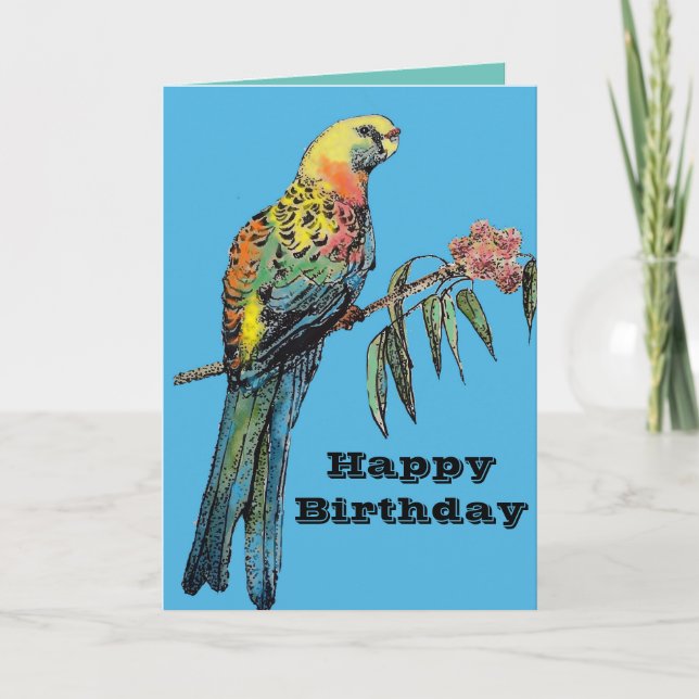 Red Rosella Parrot Bird Watercolor Birthday Card (Front)