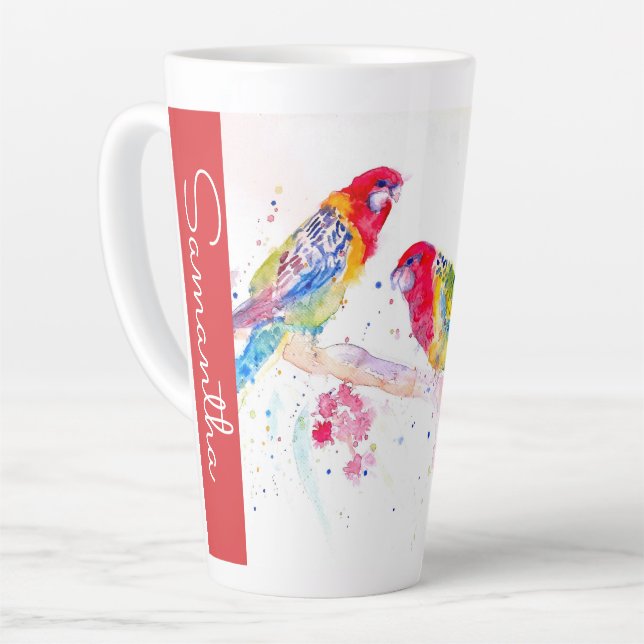 Red Rosella Parrot Parrots Watercolor Womans Name Latte Mug (Left Angle)