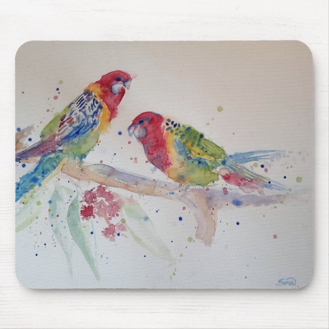 Red Rosella Parrot Watercolour Painting Mouse Mat (Front)