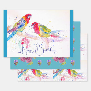 Red Rosella Parrot Watercolour Painting Teal Wrapping Paper Sheet
