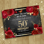 Red Roses 50th Birthday Save the Date Postcard<br><div class="desc">Red roses,  faux gold foil leaves,  tiny red and gold butterfly. Elegant floral design for any year birthday celebration.Easy to personalise with template. Gorgeous save the date birthday template design.</div>