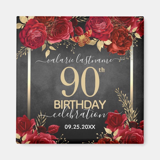 Red Roses 90th Birthday Save the Date Magnet (Front)