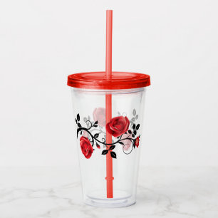 Red Roses Acrylic Tumbler Glass with Lid/Straw